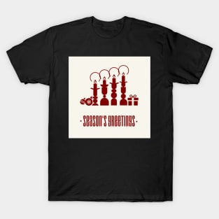 Modern Christmas Greetings in red and white, showing the four advent candles, gift and Christmas decoration T-Shirt